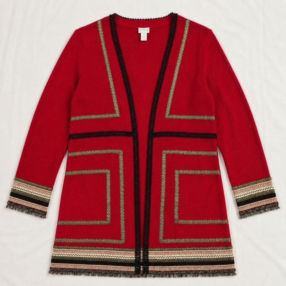 Vtg Boho Western Chico's Red Cardigan Gold fringe Jacket Southwestern Tapestry